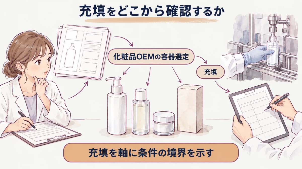 化粧品OEMの容器選定で内容物・キャップ・充填を確認する図