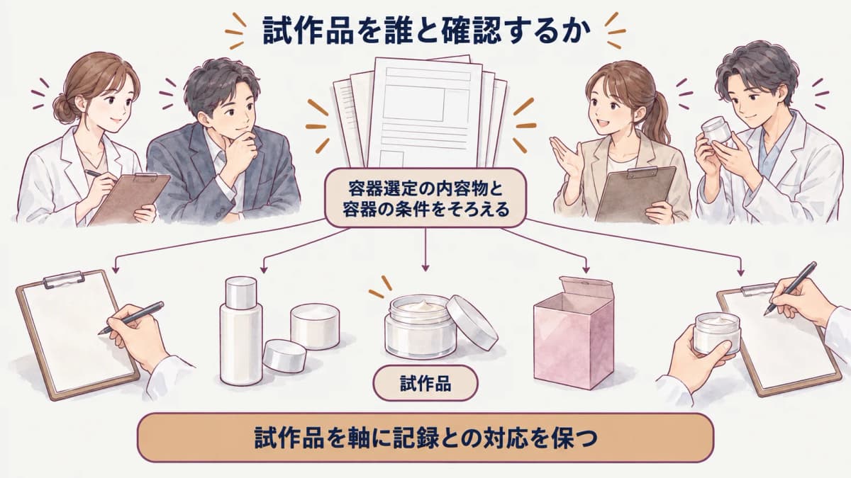 内容物・容器・キャップの候補を試作品と仕様書へつなぐ図