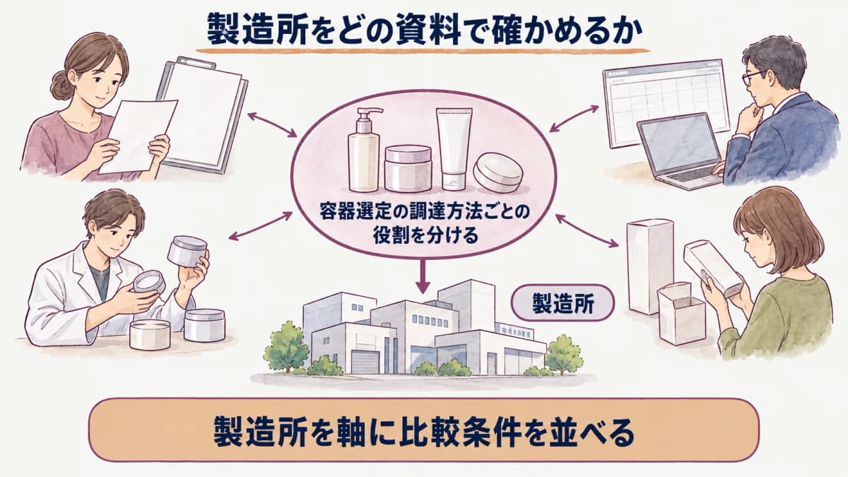 容器の調達・支給と資材担当・製造所の役割を示す図