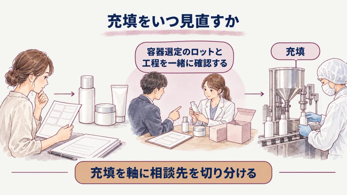 容器選定の情報を充填・ラベル・包装・仕様書へ引き継ぐ図