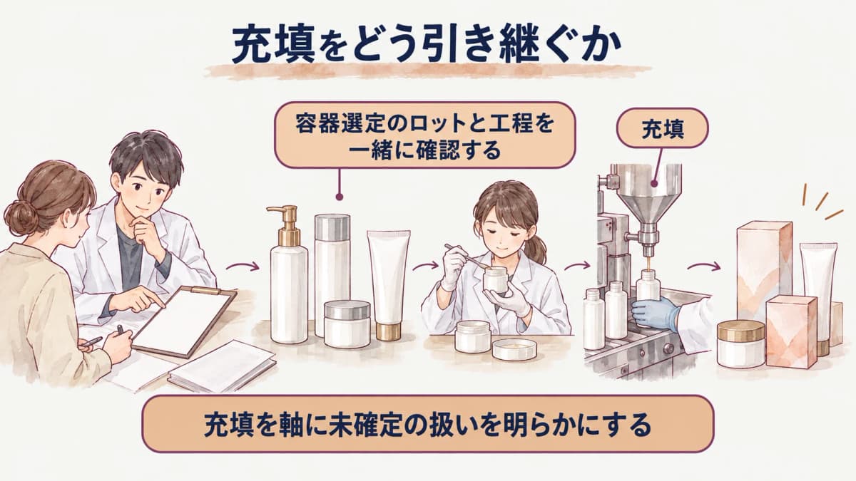 化粧品OEMの容器選定で内容物・調達・充填を確認する図