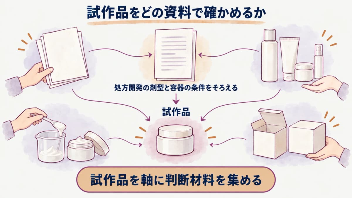 処方開発依頼書で容器・キャップ・ラベル・包装を試作品につなぐ図