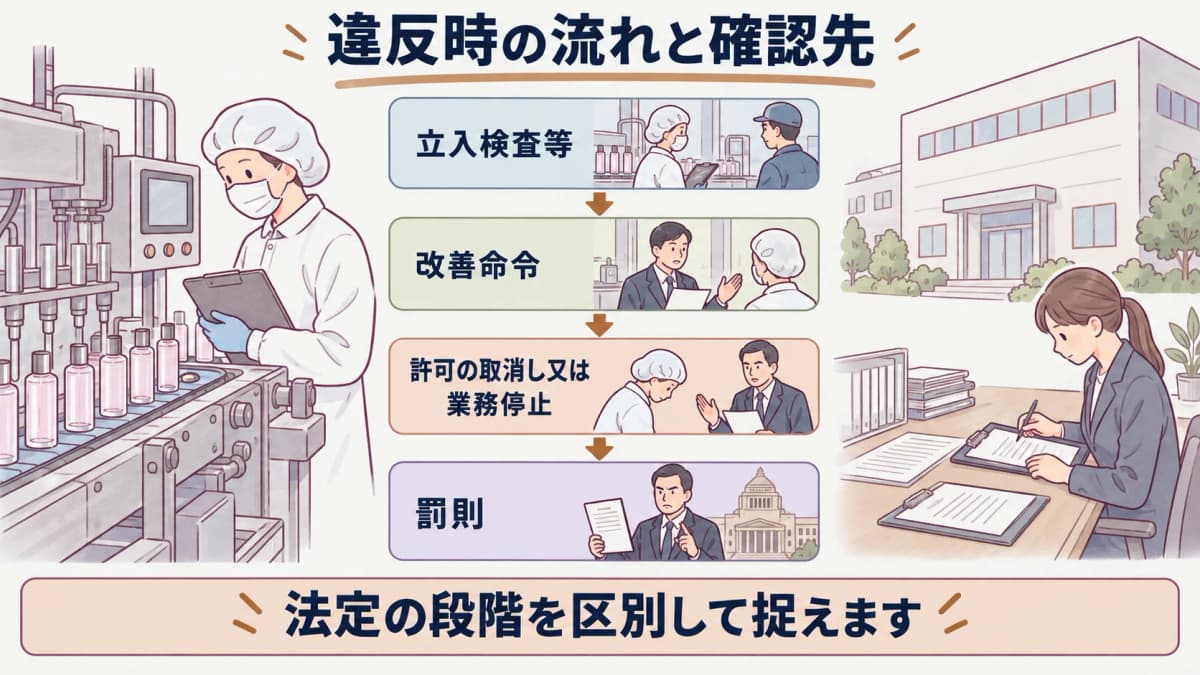 充填ラインの確認から行政処分までを段階で示す流れ図