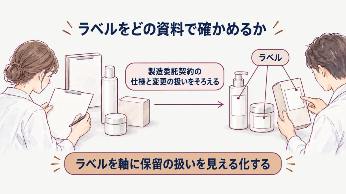 処方・容器・ラベルの仕様変更を製造委託の連絡へつなぐ図