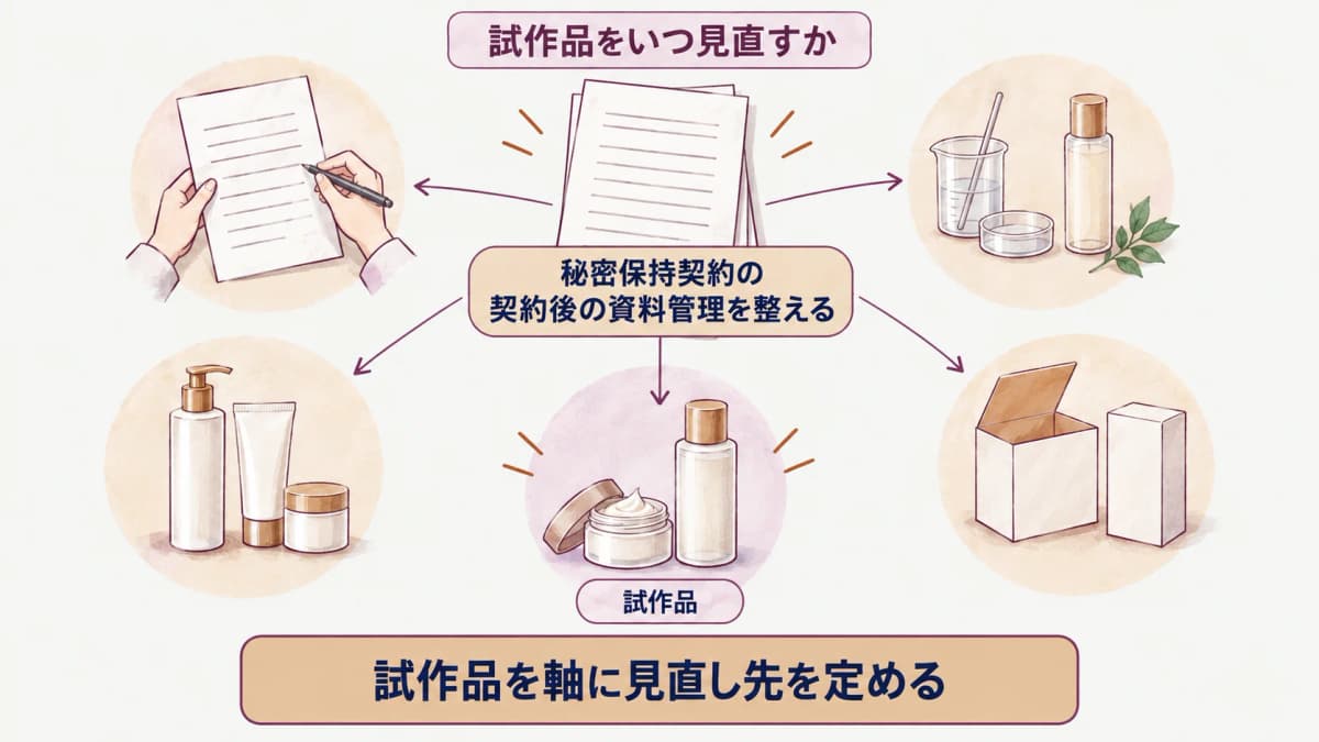 秘密保持契約に関わる情報一覧と共有記録を試作品・仕様書へつなぐ図