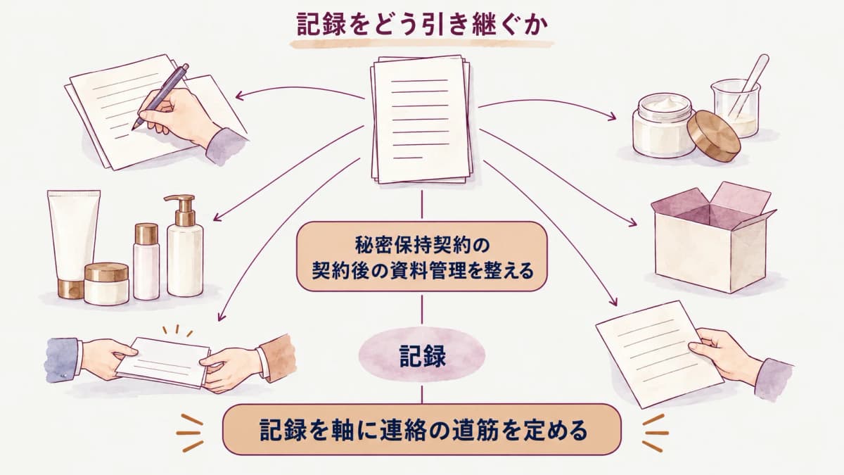 秘密保持契約で確認する情報の範囲・共有先・記録をまとめた図