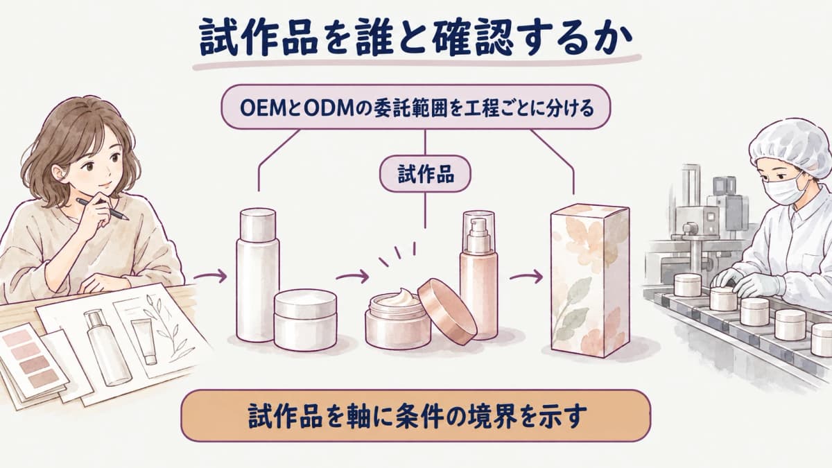 商品構想から試作品・容器・製造へ進む化粧品OEMの担当分担図