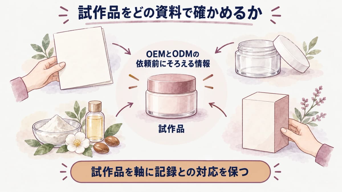 試作品記録と仕様書に商品構想・処方・容器の決定を集める図