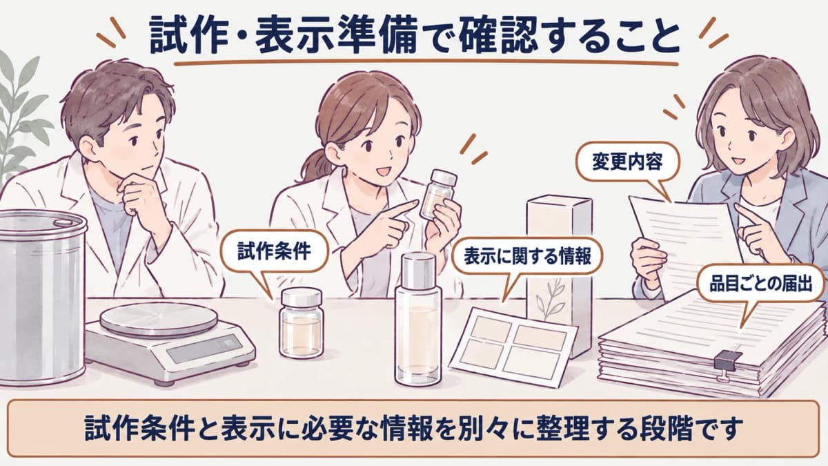 原料缶とはかりと試作サンプルを使った変更連絡の確認図
