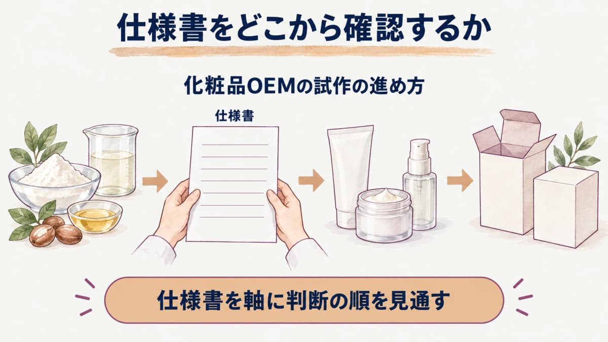 化粧品OEMの試作品を依頼条件・評価・仕様書で進める図
