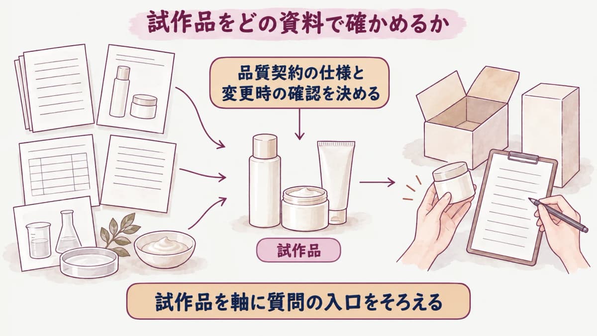 試作品承認から容器・包装の変更まで担当をつなぐ品質契約の図
