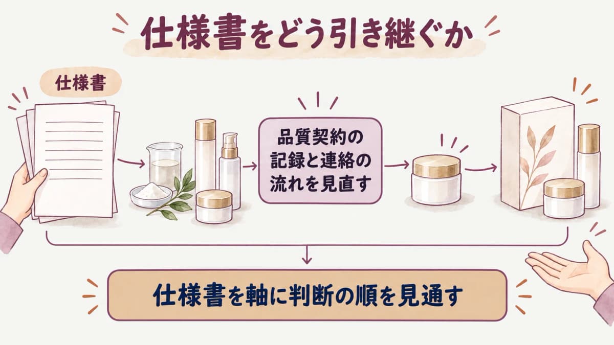 品質契約の確認項目を仕様書・連絡・記録に分けた図