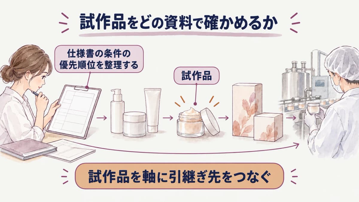 試作品の評価から仕様書の処方・容器・包装へ反映する図